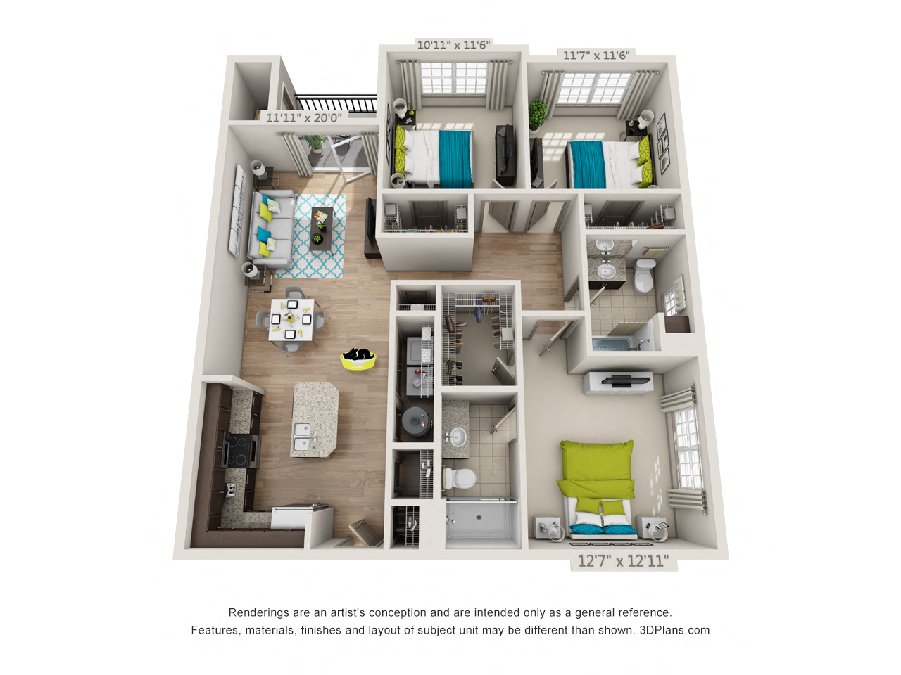 Floor plan for 3 beds, 2 baths, 1306 sqft